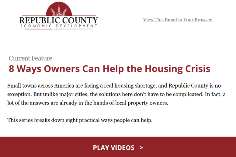 Republic County Economic Development (RCED) created a monthly email newsletter to let the community know important updates they may have missed last month. Standard sections was featured post, news clipping, social media highlights, housing, jobs, and upcoming events for next month.